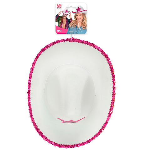 e-carnavalskleding-SYK Witte cowboyhoed met roze paillettten ster