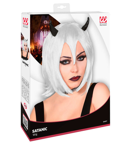 e-carnavalskleding-SYK Witte halloween pruik met hoorntjes