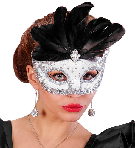 e-carnavalskleding-SYK Zilveren oogmasker met zwarte veren