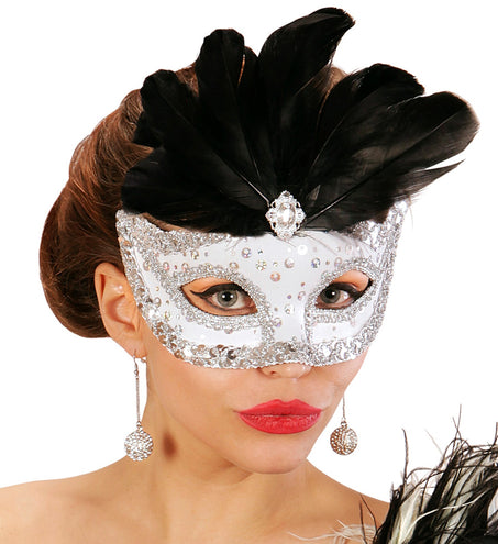e-carnavalskleding-SYK Zilveren oogmasker met zwarte veren