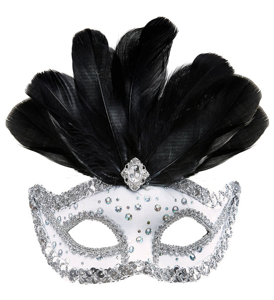 e-carnavalskleding-SYK Zilveren oogmasker met zwarte veren
