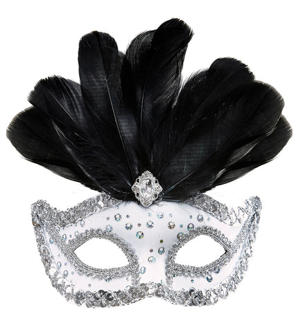 e-carnavalskleding-SYK Zilveren oogmasker met zwarte veren