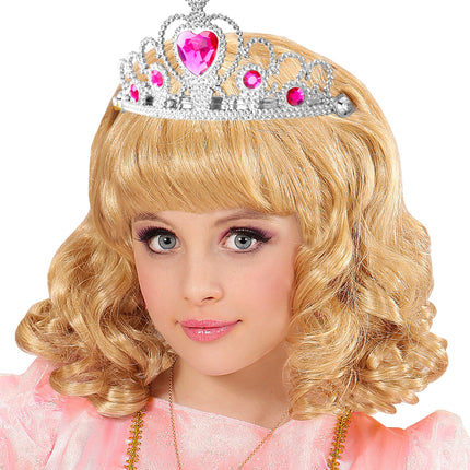 e-carnavalskleding-SYK Zilveren tiara met roze steentjes