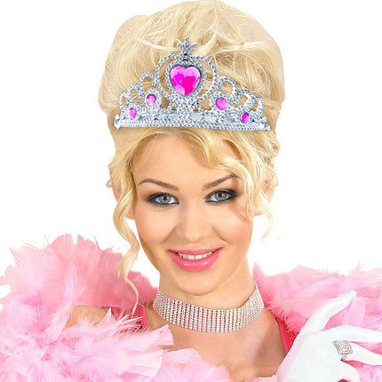 e-carnavalskleding-SYK Zilveren tiara met roze steentjes