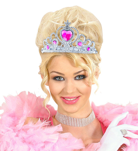 e-carnavalskleding-SYK Zilveren tiara met roze steentjes