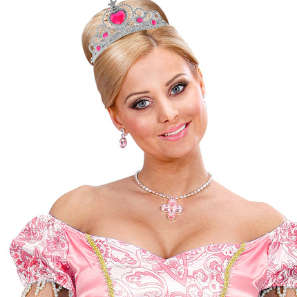 e-carnavalskleding-SYK Zilveren tiara met roze steentjes