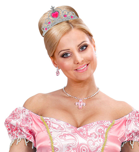 e-carnavalskleding-SYK Zilveren tiara met roze steentjes