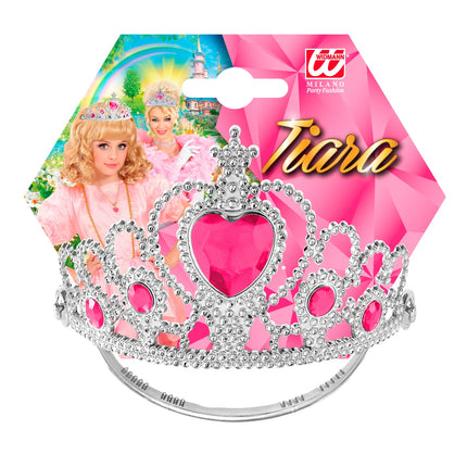 e-carnavalskleding-SYK Zilveren tiara met roze steentjes