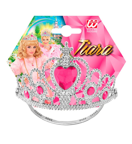 e-carnavalskleding-SYK Zilveren tiara met roze steentjes