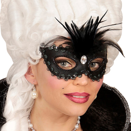 e-carnavalskleding-SYK Zwarte baronessen oogmaskers met  veertjes