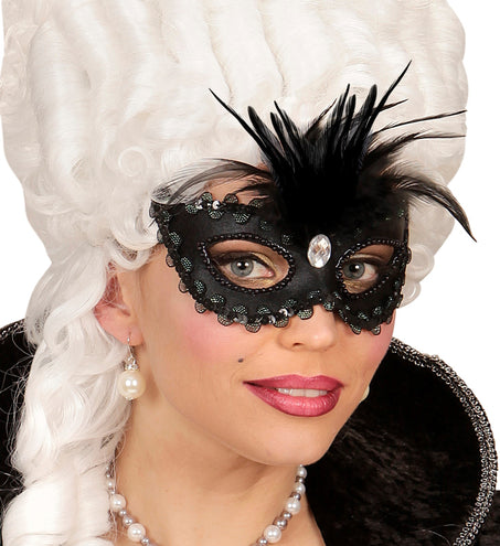 e-carnavalskleding-SYK Zwarte baronessen oogmaskers met  veertjes