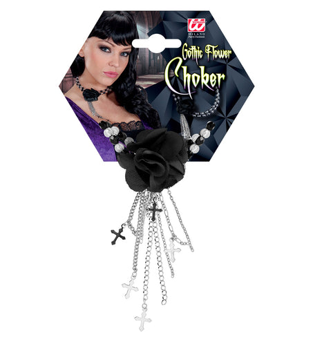e-carnavalskleding-SYK Zwarte gothic ketting met roos