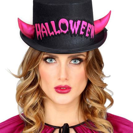 e-carnavalskleding-SYK Zwarte hoge hoed Halloween met roze duivel hoorntjes