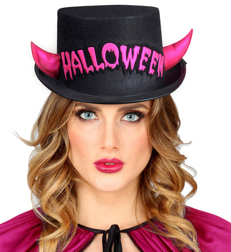 e-carnavalskleding-SYK Zwarte hoge hoed Halloween met roze duivel hoorntjes