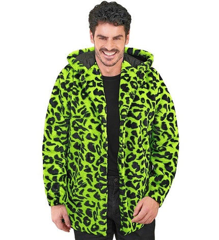 E-Carnavalskleding.nl Bontjas met muts pluche luipaard neon groen Daan