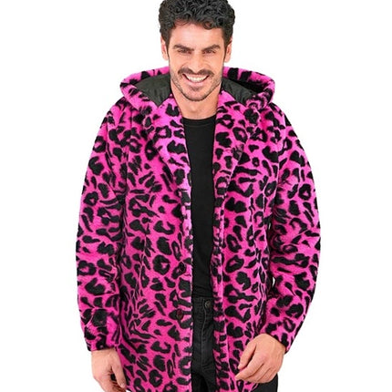 E-Carnavalskleding.nl Bontjas met muts pluche luipaard neon roze Roos