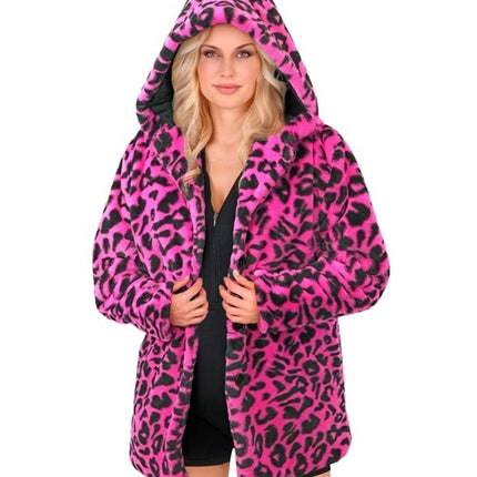 E-Carnavalskleding.nl Bontjas met muts pluche luipaard neon roze Roos