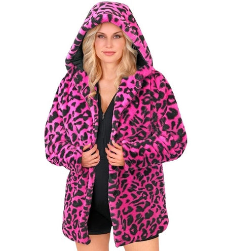 E-Carnavalskleding.nl Bontjas met muts pluche luipaard neon roze Roos
