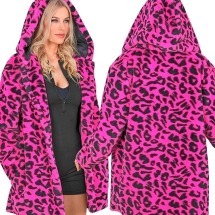 E-Carnavalskleding.nl Bontjas met muts pluche luipaard neon roze Roos