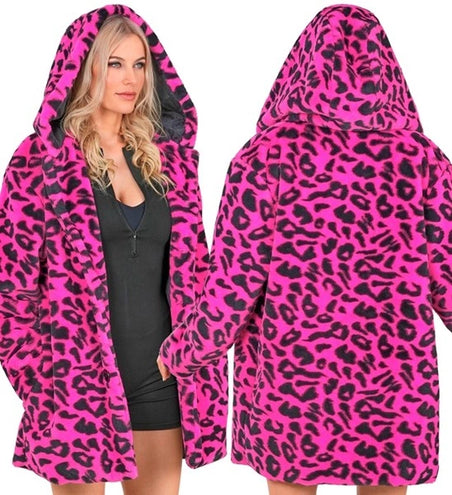 E-Carnavalskleding.nl Bontjas met muts pluche luipaard neon roze Roos