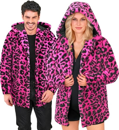 E-Carnavalskleding.nl Bontjas met muts pluche luipaard neon roze Roos