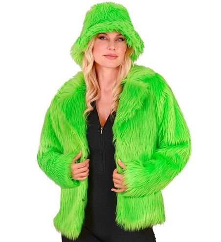 E-Carnavalskleding.nl Bontjas pluche dames neon groen kostuum Timo