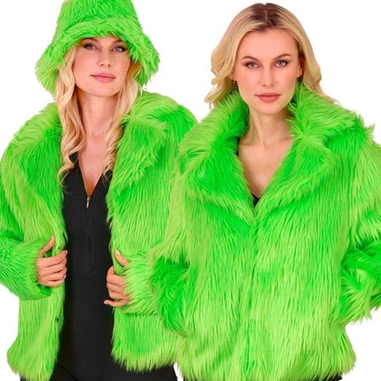 E-Carnavalskleding.nl Bontjas pluche dames neon groen kostuum Timo