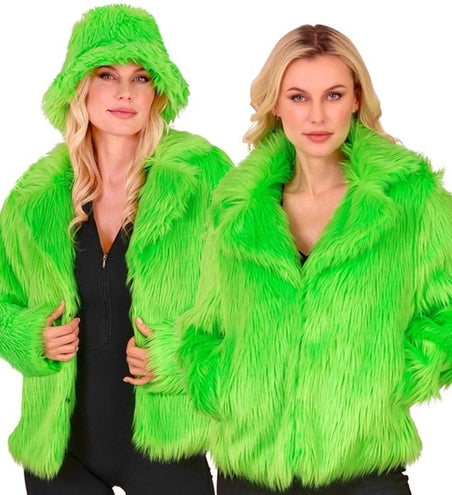 E-Carnavalskleding.nl Bontjas pluche dames neon groen kostuum Timo