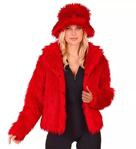 E-Carnavalskleding.nl Bontjas pluche dames rood kostuum Fleur