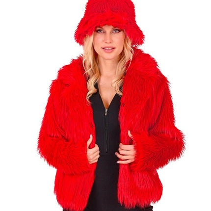 E-Carnavalskleding.nl Bontjas pluche dames rood kostuum Fleur