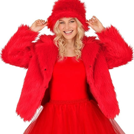 E-Carnavalskleding.nl Bontjas pluche dames rood kostuum Fleur