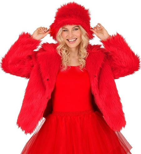 E-Carnavalskleding.nl Bontjas pluche dames rood kostuum Fleur