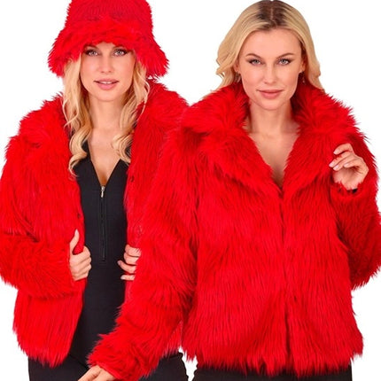 E-Carnavalskleding.nl Bontjas pluche dames rood kostuum Fleur