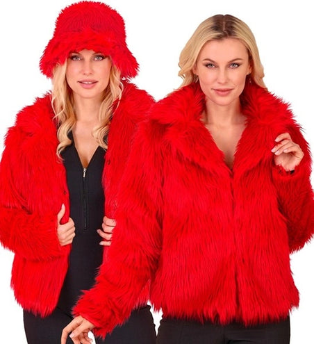 E-Carnavalskleding.nl Bontjas pluche dames rood kostuum Fleur