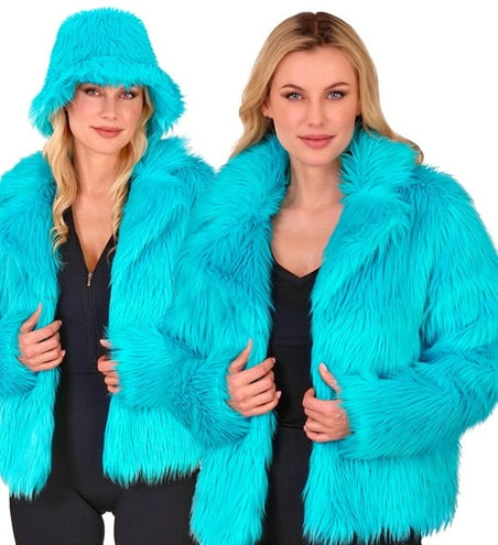 E-Carnavalskleding.nl Bontjas pluche dames turquoise kostuum Isa