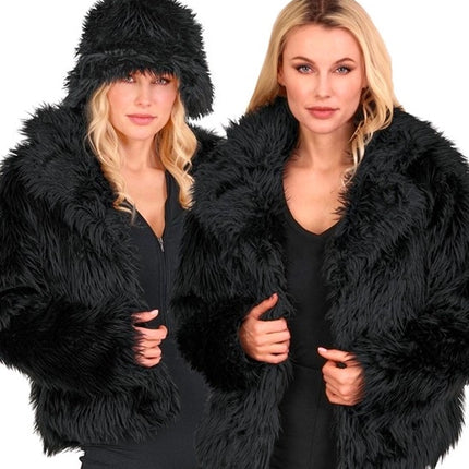 E-Carnavalskleding.nl Bontjas pluche dames zwart kostuum Sanne