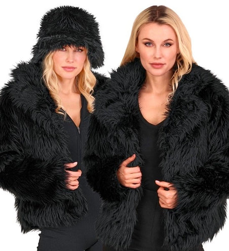 E-Carnavalskleding.nl Bontjas pluche dames zwart kostuum Sanne