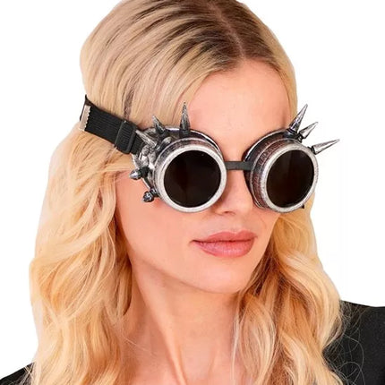 E-Carnavalskleding.nl Bril steampunk antiek zilver gespijkerd Mees