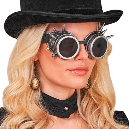 E-Carnavalskleding.nl Bril steampunk antiek zilver gespijkerd Mees