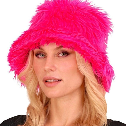 E-Carnavalskleding.nl Bucket hat pluche neon roze Liv