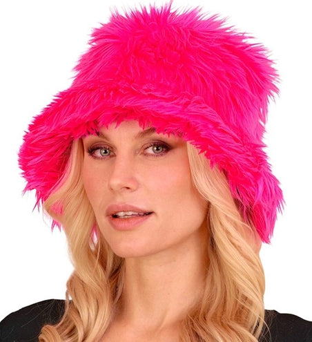 E-Carnavalskleding.nl Bucket hat pluche neon roze Liv