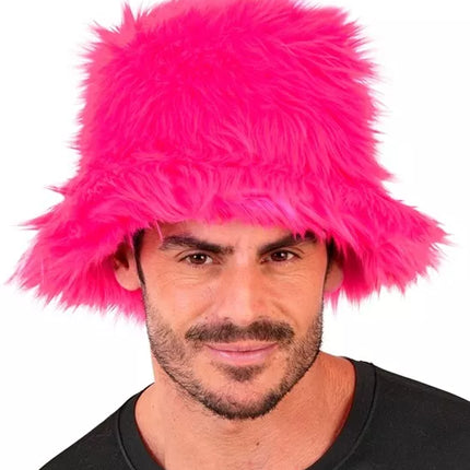 E-Carnavalskleding.nl Bucket hat pluche neon roze Liv