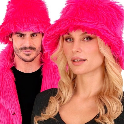 E-Carnavalskleding.nl Bucket hat pluche neon roze Liv