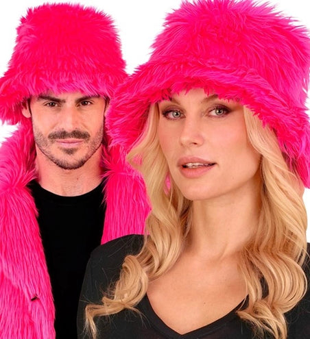 E-Carnavalskleding.nl Bucket hat pluche neon roze Liv