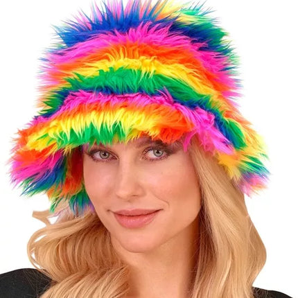 E-Carnavalskleding.nl Bucket hat pluche regenboog Julia