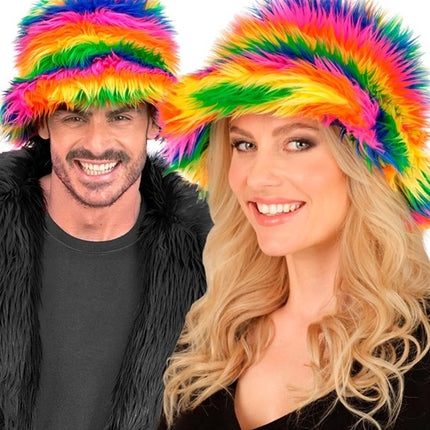 E-Carnavalskleding.nl Bucket hat pluche regenboog Julia