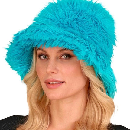 E-Carnavalskleding.nl Bucket hat pluche turquoise Fleur
