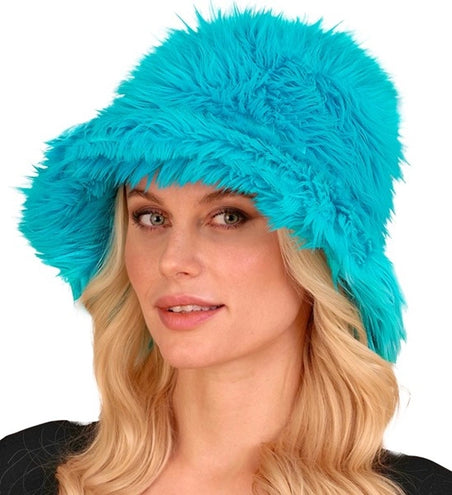 E-Carnavalskleding.nl Bucket hat pluche turquoise Fleur