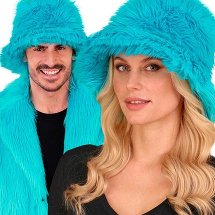 E-Carnavalskleding.nl Bucket hat pluche turquoise Fleur