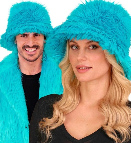 E-Carnavalskleding.nl Bucket hat pluche turquoise Fleur